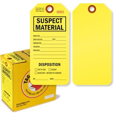 Imagem de SmartSign (Pacote com 100) Etiquetas de inspeção de material suspeito em caixa dispensadora, 7,6 cm x 15,9 cm, cartolina 13pt de espessura, preto e amarelo fluorescente, pré-perfurado com patch de
