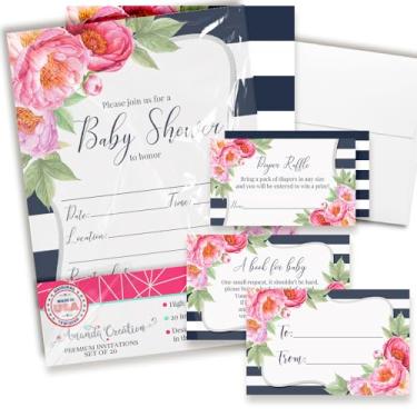 Imagem de Convites de chá de bebê para meninas – Conjunto de convites de chá de bebê floral com ingressos de sorteio de fraldas, cartões de solicitação de livro e envelopes. Conjunto de 20 conjuntos de kits de