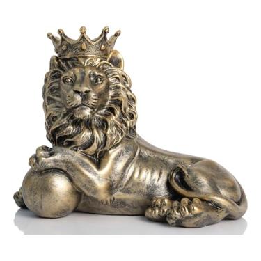 Imagem de AMOIENSIS Estátua de Leão Feng Shui Decoração de Casa Peça de Declaração Real, Presente Masculino Pai Leão Leão, Decoração de Mesa de Mesa de Escritório em Casa Antiga Estátua Dourada de Leão Deitado