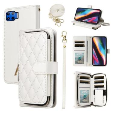 Imagem de Furiet Argyle Capa carteira para Moto One 5G/One5G UW/Moto G G5 Plus com alça de ombro, 9+ compartimento para cartão com zíper, capa de celular quadriculada para Motorola One Lite XT2075-1 branca