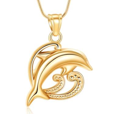 Imagem de AIWENXI Colares de urna de golfinho para cinzas, ondas, urnas de cremação, colares com pingente, joias de aço inoxidável, lembranças, humanas/animais de estimação, joias com pingente de cinza para