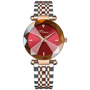 Imagem de Relógios femininos Fashion Shine Cristal Corte Espelho Relógio de Pulso Ouro Rosa Pulseira de Malha de Aço Inoxidável Impermeável Analógico Quartzo, Relógios de quartzo, Couro vermelho