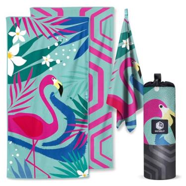 Imagem de VENTURE 4TH Toalha de praia de microfibra: secagem rápida, compacta, livre de areia, absorvente, à prova de areia e leve - perfeita para acampamento, praia e viagens (design de flamingo turquesa | 89 x 198 cm)