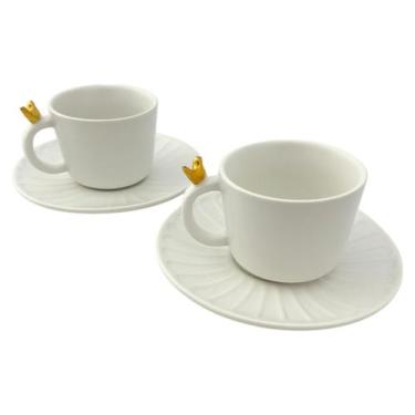 Imagem de 2 Xícaras Chá Pires 170ml Wolff Passarinho Cerâmica Colibri, Branco