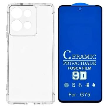 Imagem de Capa Capinha Anti Impacto + Película de Ceramica Fosca Privacidade 9D, silicone transparente clear com bordas reforçadas e flexível com efeito cristal. Compátivel com Moto G75