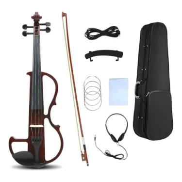 Imagem de WUQIMUSC Violino elétrico 4/4 completo violino elétrico silencioso corpo de madeira maciça acessórios de ébano com capa, arco, fone de ouvido, cabo, cordas para estudantes, iniciantes e adultos (vinho