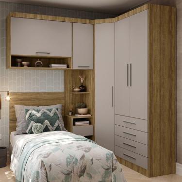 Imagem de Quarto De Canto Solteiro Com Guarda Roupas Cabeceira Paris Luciane Móveis Avelã Pf Com Cinammon Pf