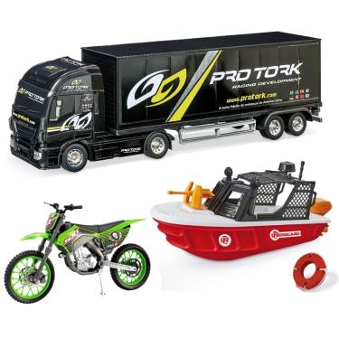 Imagem de Kit 3 Brinquedos para Meninos Moto Cross Barco e Carreta Realistas