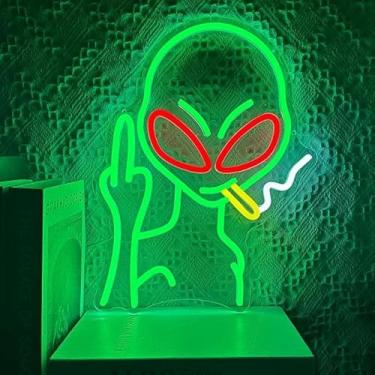 Imagem de SHANJIA Sinais de luz neon, sinais de néon alienígena verde sinal de LED sinais de néon alienígena para decoração de parede, decoração de sala de jogos, placas de néon de festa hip hop para decoração