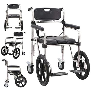 Imagem de Cadeira de rodas Bedside Commode, cadeira de chuveiro 4 em 1 cadeira dobrável de transporte com braços, assento de couro PU, estrutura de aço inoxidável, 150 kg
