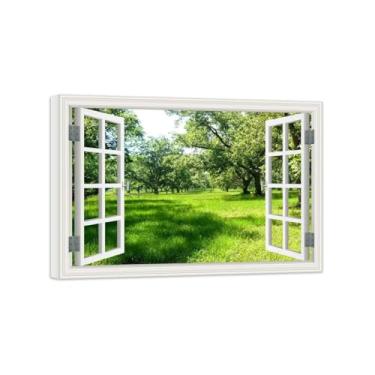Imagem de Vista da Janela Paisagem Pintura em Tela-Meadow árvore verão-Impressão Lona Arte Parede Natural-Decoração Sala Estar 50x70cm Tela Embrulhada