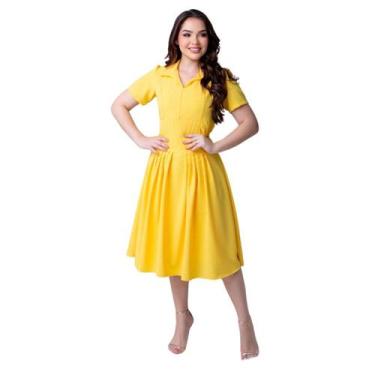 Imagem de Vestido Feminino Midi Rodadinho Manga Curta Gola Polo V Acinturado Cas