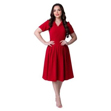Imagem de Vestido Feminino Midi Rodadinho Manga Curta Gola Polo V Acinturado Cas
