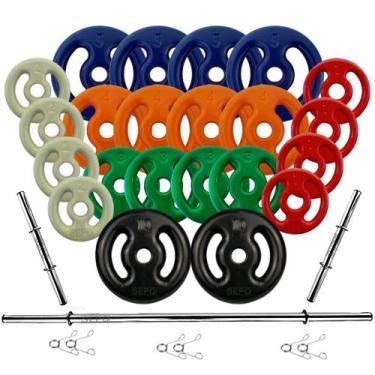 Imagem de Kit Anilhas Emborrachadas 80 Kg + 3 Barras Com Presilhas - SEPO