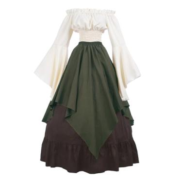 Imagem de ROLECOS Fantasia renascentista feminina camponesa medieval vestido trompete manga vitoriana Ren feir camisa e saia, Army Green, X-Large