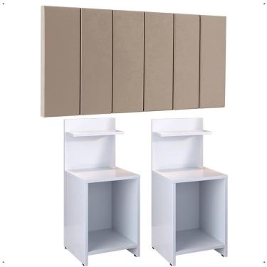 Imagem de Jogo Quarto 2 Mesas Cabeceira Fantasy Branco Prateleira Nicho Decorativo Painel Suspenso Júlia Cama Box Casal 1,40 Bege Suede - Lojas RPM