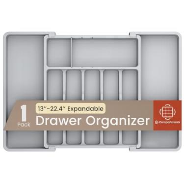 Imagem de Organizador de gaveta expansível cinza, 1 pacote, ajustável de 33 a 56,9 cm, organizador de talheres com 8 compartimentos para utensílios de cozinha, espátulas, talheres e ferramentas, fácil de limpar