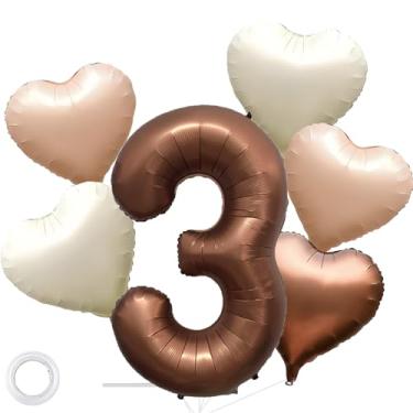 Imagem de Balões de chocolate número 3 de aniversário marrom grande folha de hélio mylar com 5 balões de coração para decoração de primeiro aniversário de 3 anos