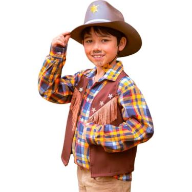 Imagem de Roupa Country Infantil pra Menino Fantasia Xerife Peão Cowboy de Luxo Kit com Colete e Chapeu Ajustável (Marrom, T - 8)