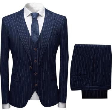 Imagem de Risca De Giz Masculina 3 Peças Terno Slim Fit único Breasted Negócios Festa De Casamento Jaqueta Colete Calças, Navy Blue, 48