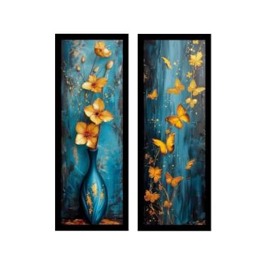 Imagem de kit 2 quadros decorativos 18x45 cm, arte, pintura, vasos, flores, borboleta, azul, moldura e vidro (Pretas)