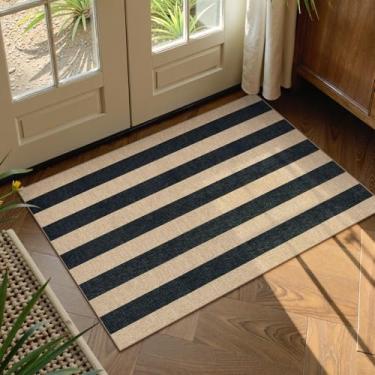 Imagem de Lahome Tapete listrado de juta fácil, tapete de entrada 5 x 7 cm, tapete de porta da frente para ambientes internos e externos, neutro, antiderrapante, antiderrapante, lavável, para hall de entrada