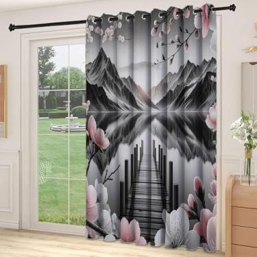 Imagem de Divisória de parede de cortina de sala de lago, flores de cerejeira, reflexos simétricos das montanhas da primavera, ilustração dramática, adequada para portas de vidro deslizantes, cortinas térmicas