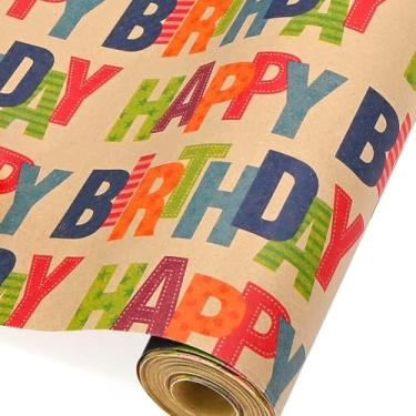 Imagem de Viadom Papel de embrulho de aniversário, rolo de papel de embrulho de presente, papel de embrulho Kraft - 43 cm x 32,8 pés por rolo, padrão colorido de feliz aniversário para meninos e meninas
