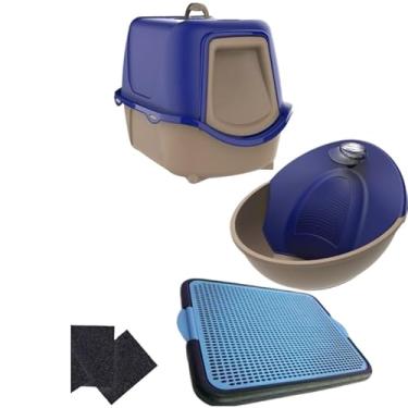 Imagem de Kit Caixa de Areia Fechada Para Gatos + Fonte Automática Para Gatos Petit + Tapete Coletor de Areia (NEW + TAPETE + FONTE 220V AZUL)