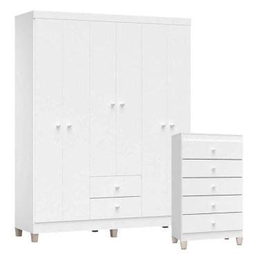 Imagem de Cômoda Gaveteiro E Guarda Roupa 6 Portas Ternura Baby Branco Brilho – Incorplac