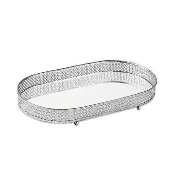 Imagem de Bandeja Decorativa Oval Metal Prata com Espelho 32,5cm 12249 Mart