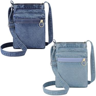 Imagem de Cosblank 2 bolsas jeans pequenas bolsas transversais bolsa de ombro jeans ajustável retrô bolsas para celular para mulheres, Azul claro e azul escuro, Small