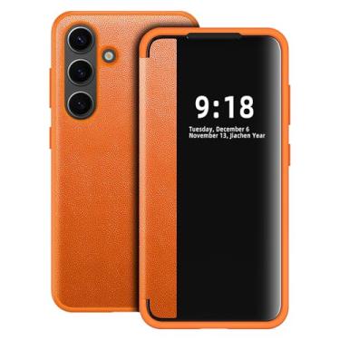 Imagem de Capa flip para Samsung Galaxy S24 Plus S View, capa protetora completa 360 graus fosca translúcida transparente para Samsung S24+, capa flip de luxo para Samsung S24 Plus (laranja)