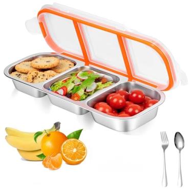 Imagem de Aokelily Recipientes de lanche de 3 compartimentos com garfo de colher, recipientes reutilizáveis de aço inoxidável com tampas, recipiente de condimento de compartimento duplo para viagens e