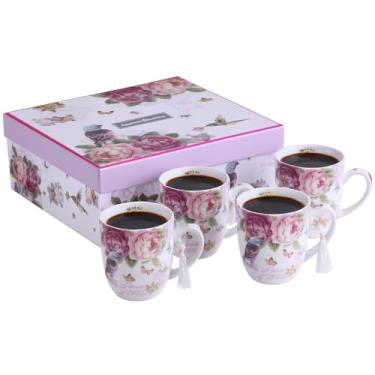 Imagem de London Boutique Conjunto de 4 canecas de xícara de café de porcelana com pássaro de rosa e borboleta chique, design em caixa de presente, 330 ml, 325 ml