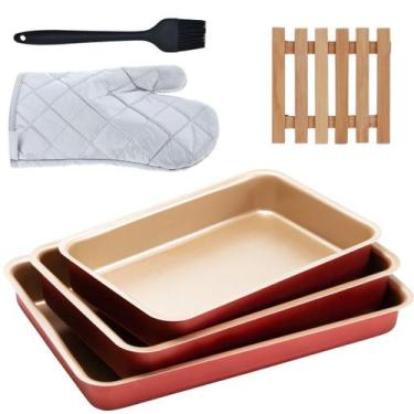 Imagem de Jogo Assadeira 03 Pçs + Descanso De Panela + Luva + Pincel - Marcolar