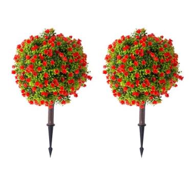 Imagem de BAIJIALI Árvores de topiária de buxo artificial com rosa vermelha, 2 conjuntos de arbustos perenes falsos resistentes a UV com espigão no chão, plantas falsas para varanda e jardim ao ar livre