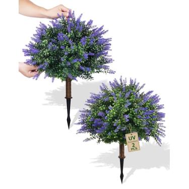Imagem de Topiaria artificial de buxo com lavanda, 60 cm, arbustos artificiais artificiais com espigão, arbustos externos resistentes a UV, jardim, conjunto de 2 plantas perenes falsas, decoração interna