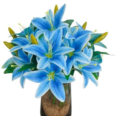 Imagem de Flores de lírios artificiais, 9 peças de flores de lírio falsas, ramos de lírio de tigre de 40 cm com 2 flores completas e 1 botão, plantas falsas de lírios falsos para arranjos florais de buquê de