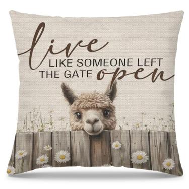 Imagem de PUHEI Capas de almofada para presentes de alpaca 45,7 x 45,7 cm, presentes de alpaca para mulheres amantes, casa de fazenda rústica viva como alguém deixou o portão aberto florais, fronhas para casa