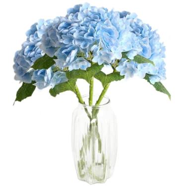 Imagem de Flores de hortênsia secas, flores de hortênsia falsas realistas, 3 peças secas de 53 cm, toque real artificial para decoração de mesa de festa de casamento, azul
