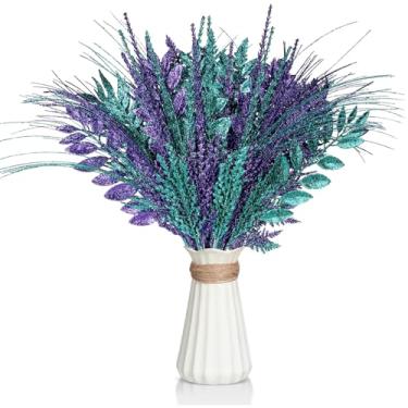 Imagem de Motionchic 50 palhetas e sprays de árvore de Natal, galhos de pinheiro com glitter, hastes de ramo com glitter para decoração de guirlanda de vaso de Natal (roxo, azul esmeralda)