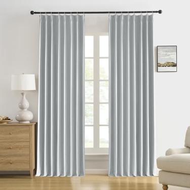 Imagem de Cortinas plissadas blackout cinza claro para quarto de 248 cm de comprimento, mistura de linho, 100% blackout, isolamento térmico, abas traseiras com ganchos para sistema de trilha, 2 painéis L127 x