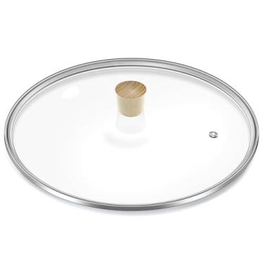 Imagem de Tampa de vidro temperado de 33 cm, frigideira e panelas CUKISIKUC Wok, capa de substituição redonda para frigideira, puxador de madeira