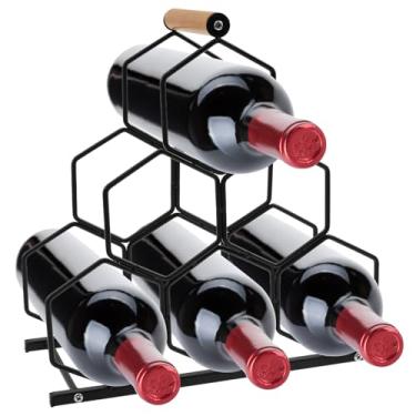 Imagem de Rack de vinho de bancada, 6 garrafas, rack de armazenamento de vinho, 3 camadas, design criativo de favo de mel, suporte de exibição de garrafa de fácil instalação com alça de madeira para restaurante
