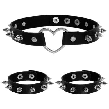 Imagem de hoyuwak 3 peças de gargantilha de couro sintético e pulseiras com pontas, conjunto de joias emo punk rock, acessórios de fantasia para Halloween, anos 80, cosplay gótico, feminino, masculino