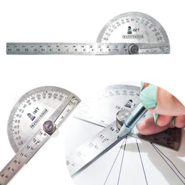 Imagem de ransferidor de grau ângulo 0-180 Aço Inox com Régua 14 cm Medição Prec