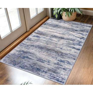 Imagem de KOZYFLY Tapete de área de 7,5 x 12,5 cm, moderno, ombré, para quarto, lavável, antiderrapante, macio, listrado, para sala de estar, tapete abstrato cinza e azul para lavanderia e berçário