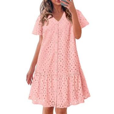 Imagem de Vestido de verão KIRUNDO 2025 com botões, decote em V, renda, rosa, al