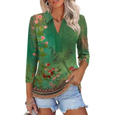 Imagem de Camisa polo feminina ZHENWEI Summer com decote em V, manga 3/4, verde,